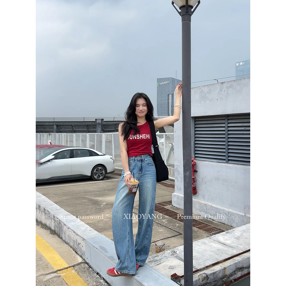 【蓝以抵挡】小个子女士慵懒阔腿弯刀牛仔裤~秋季新款通勤百搭裤子