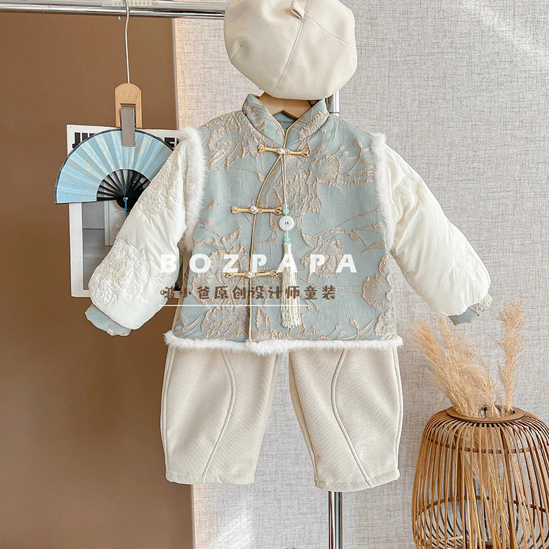 现货啵小爸【花满枝】2024春秋冬季男童新中式立体刺绣加绒加厚套装