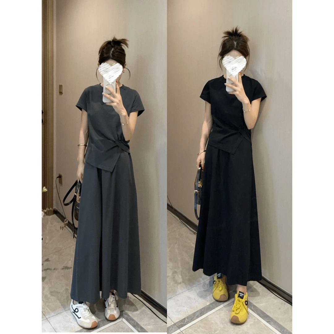 高端气质大码休闲时尚套装女士2025夏季新款短袖半身裙两件套潮
