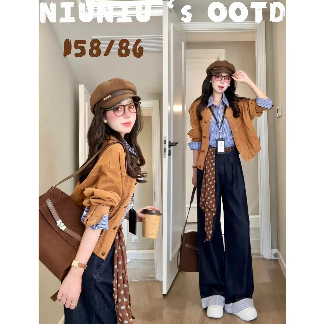 2025早秋新款复古灯芯绒翻领外套女格纹长袖衬衫搭配牛仔裤三件套