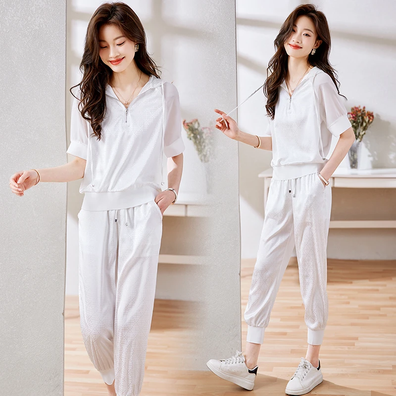 韩版休闲时尚连帽套装女2025夏季新款小个子减龄薄款九分裤两件套