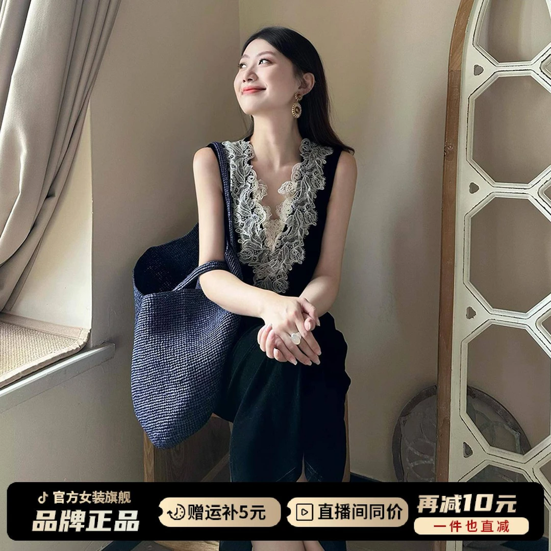 法式巨好看黑色蕾丝无袖连衣裙子女装夏季2025新款高级感气质长裙