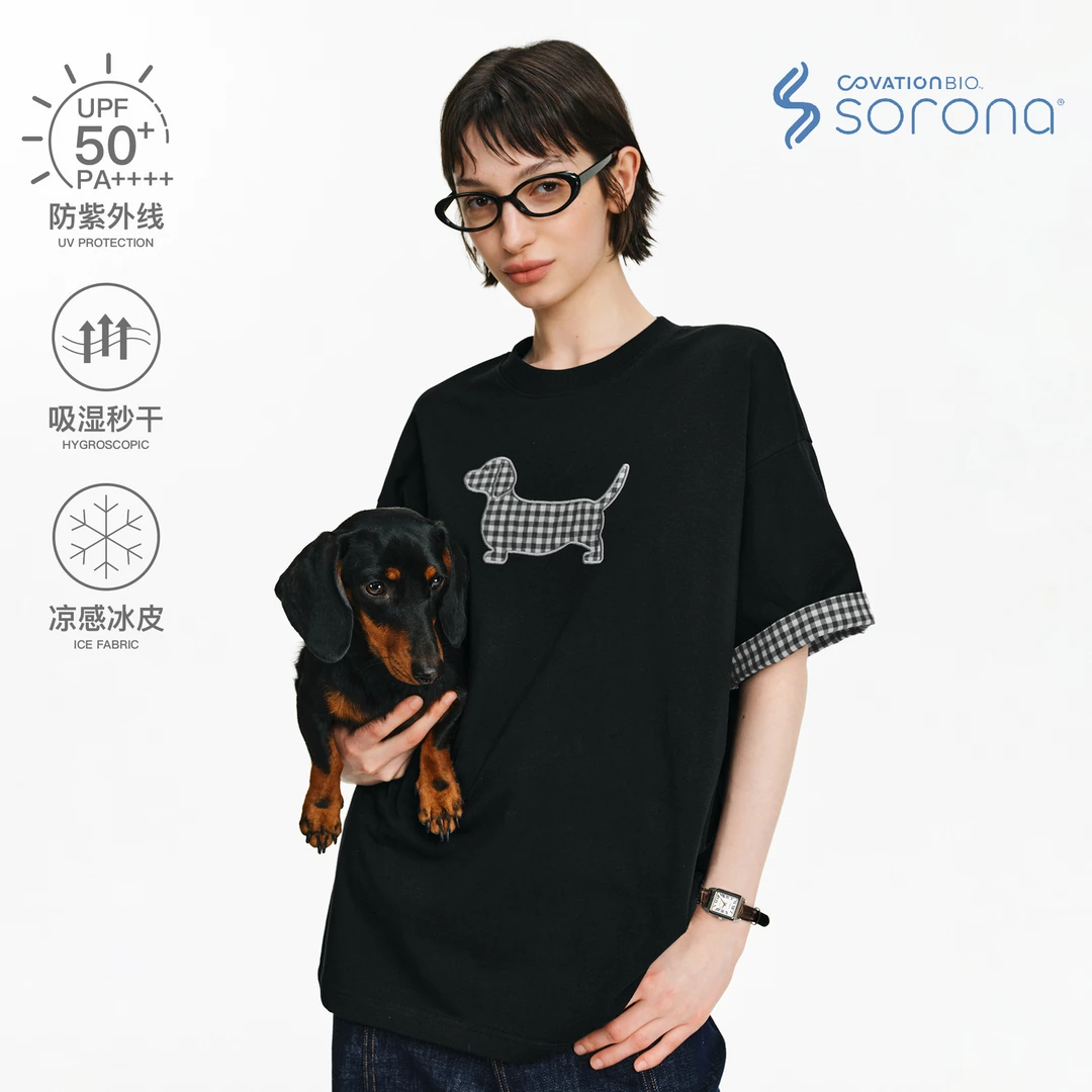 PCLP贴布绣凉感冰皮小狗圆领短袖情侣半袖夏季宽松基础t恤上衣