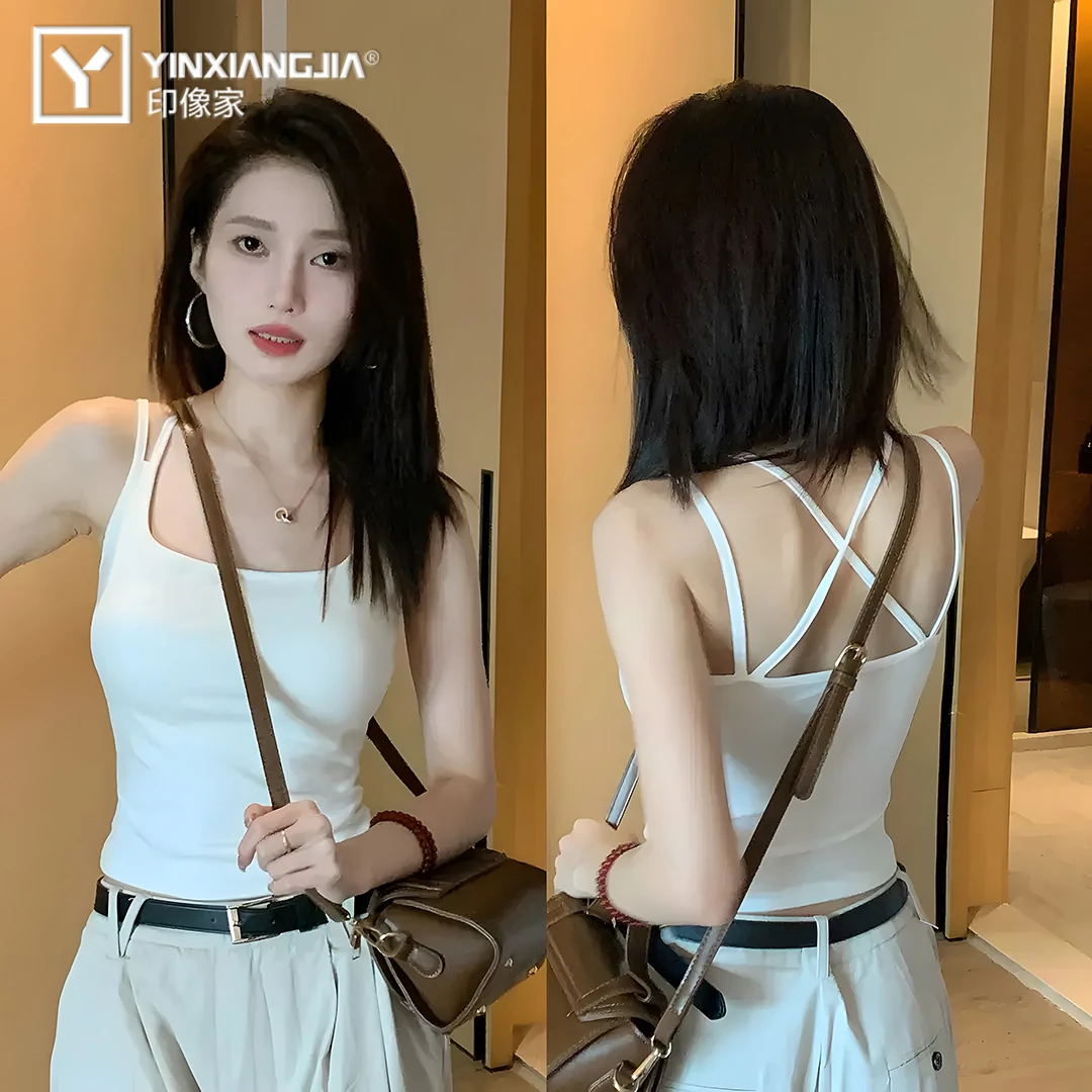 印像家美背交叉吊带文胸一体背心女外穿带胸垫内搭显瘦小上衣