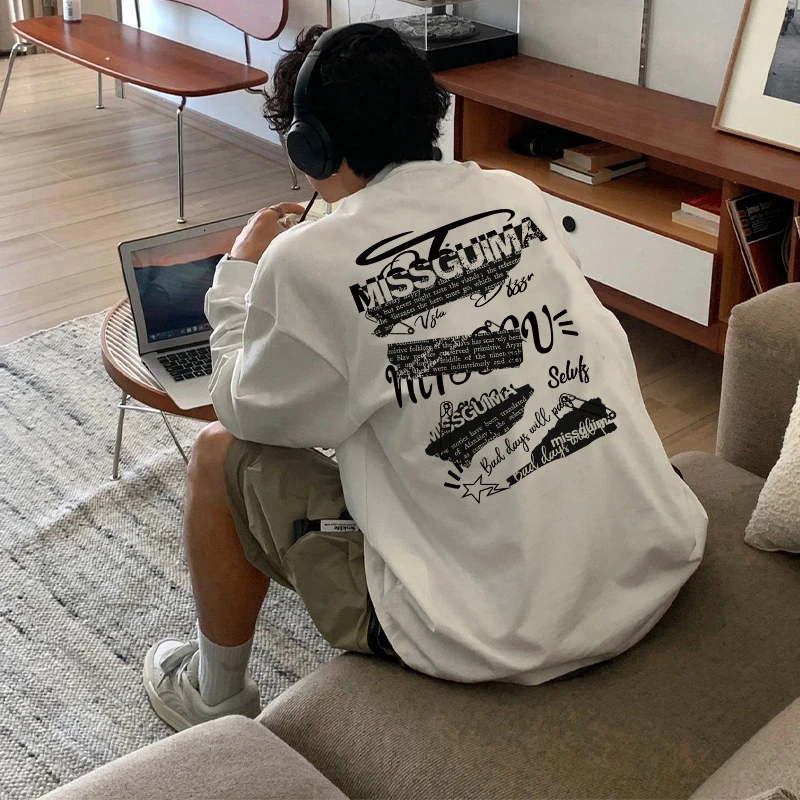 特大码300斤高街潮牌个性字母印花长袖t恤男秋季痞帅百搭宽松上衣