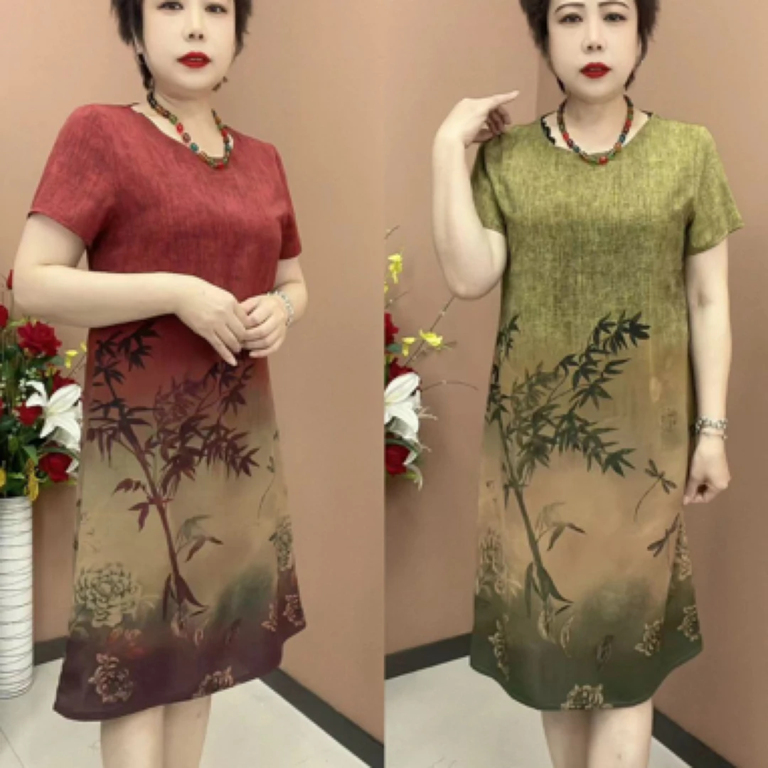 不褪色圆领套头短袖夏季连衣裙修身复古中长款遮肚