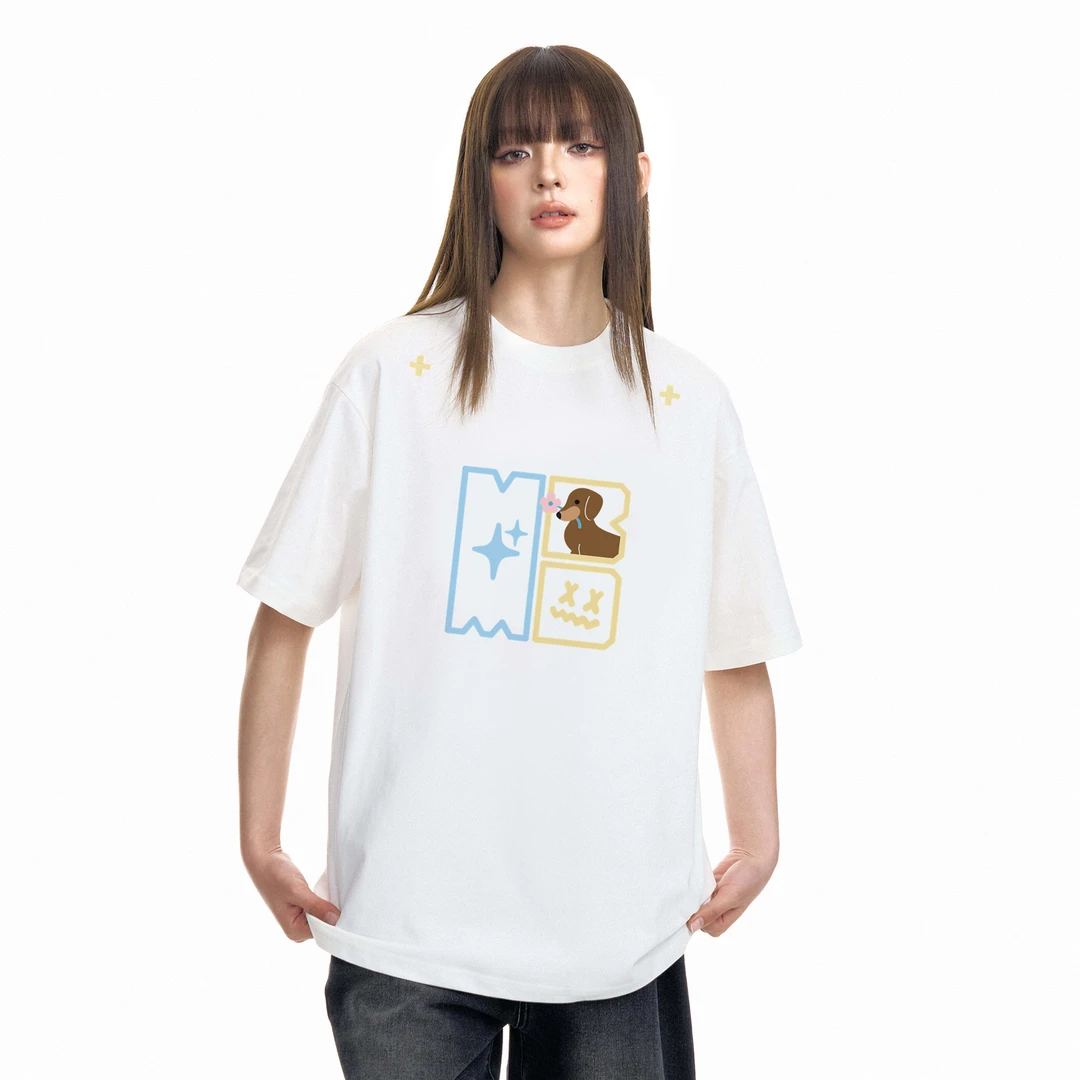 小恶魔小狗叼花短袖男女同款夏季美式休闲宽松透气纯棉情侣装t恤