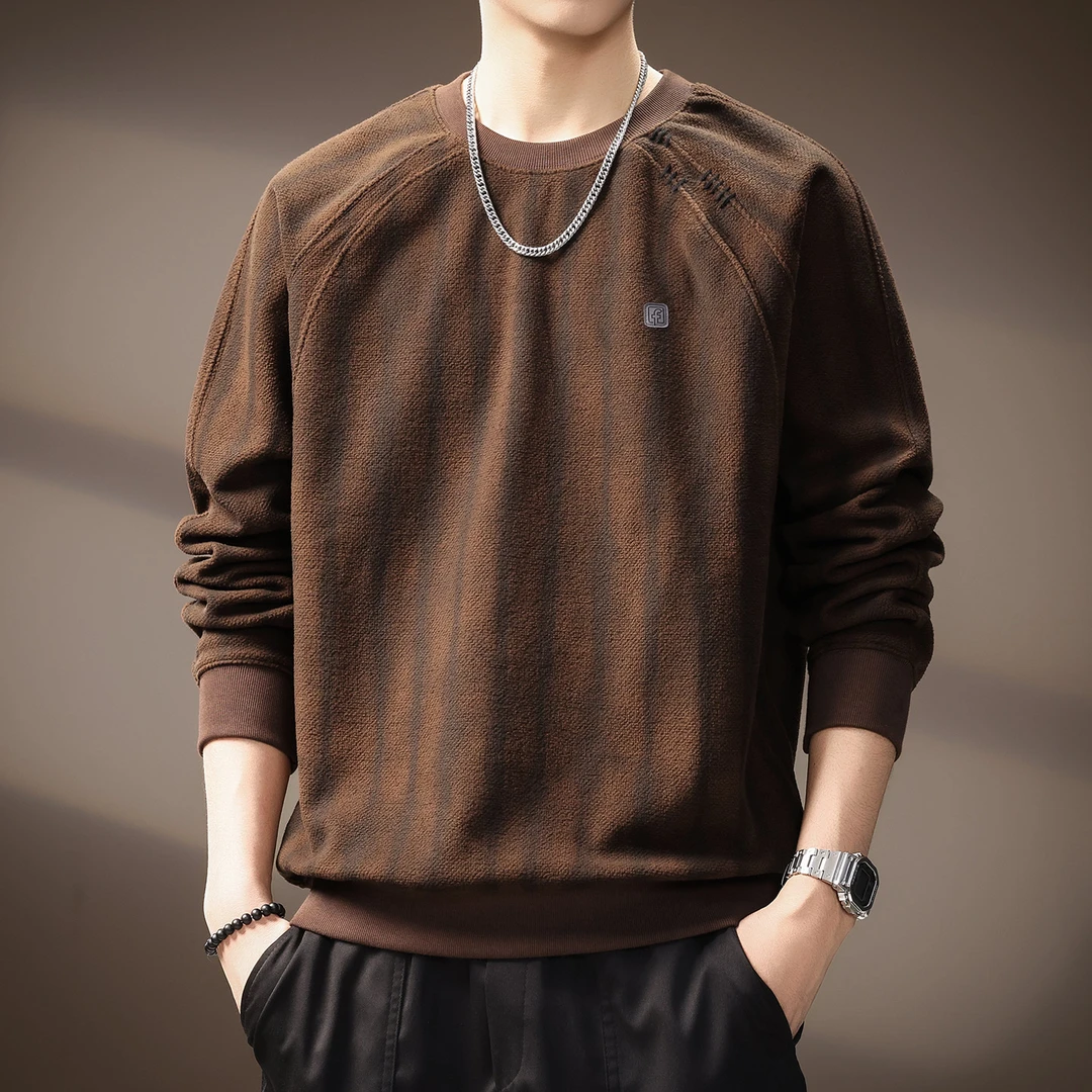 皮尔卡丹高端美式圆领卫衣男t秋冬新款肌理感重磅拼接宽松长袖T恤