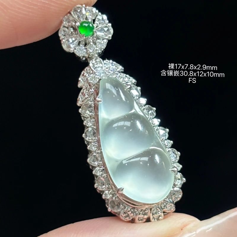 18K金镶嵌缅甸天然翡翠A货冰种雪花棉福豆吊坠FS（下单咨询客服）