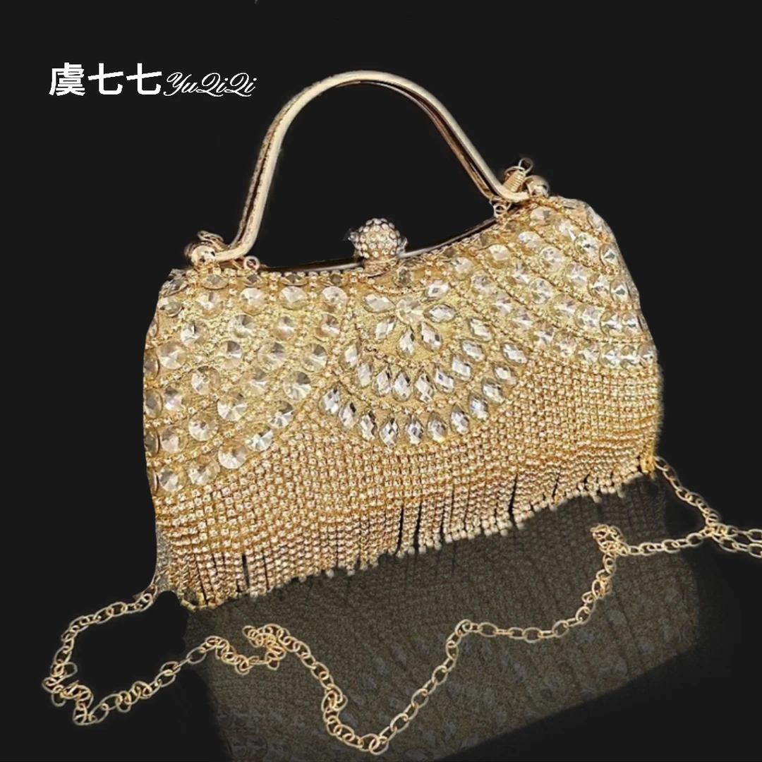 晚宴手提包女2025新款时尚宴会手拿包配礼服流苏镶钻链条包斜跨包