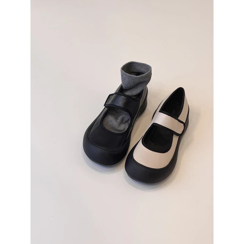 【一字带版】圆头浅口单鞋女轮胎厚底5cm 魔术贴玛丽珍小皮鞋D58