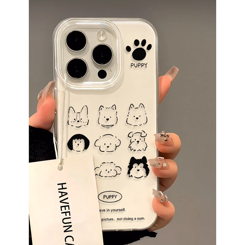 趣味黑白线条小狗适用iPhone16/15手机壳苹果14华为vivo小米oppo