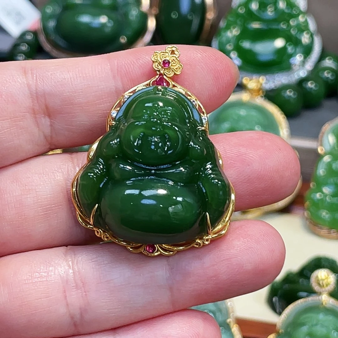 和田玉（碧玉）颈饰18K金镶嵌老坑辣绿佛公30