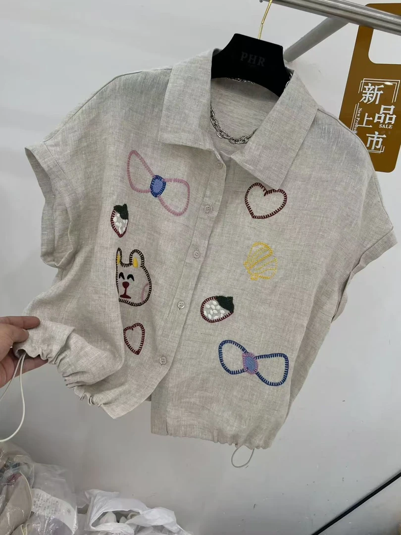 Manmi 设计款刺绣棉麻小飞袖衬衫 8792（C7）