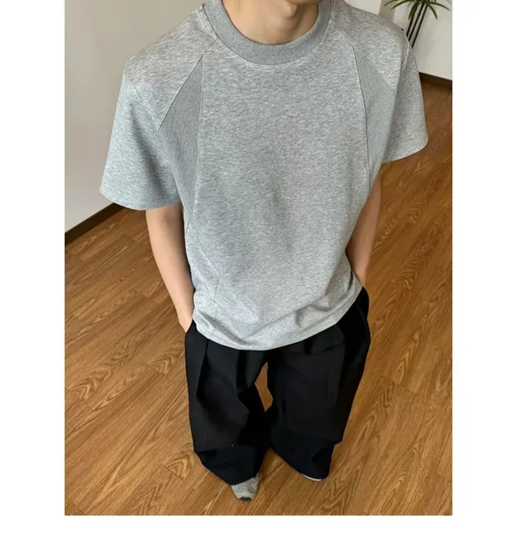 夏季新款空气棉正肩短袖男美式休闲复古小领口螺纹拼接T恤百搭