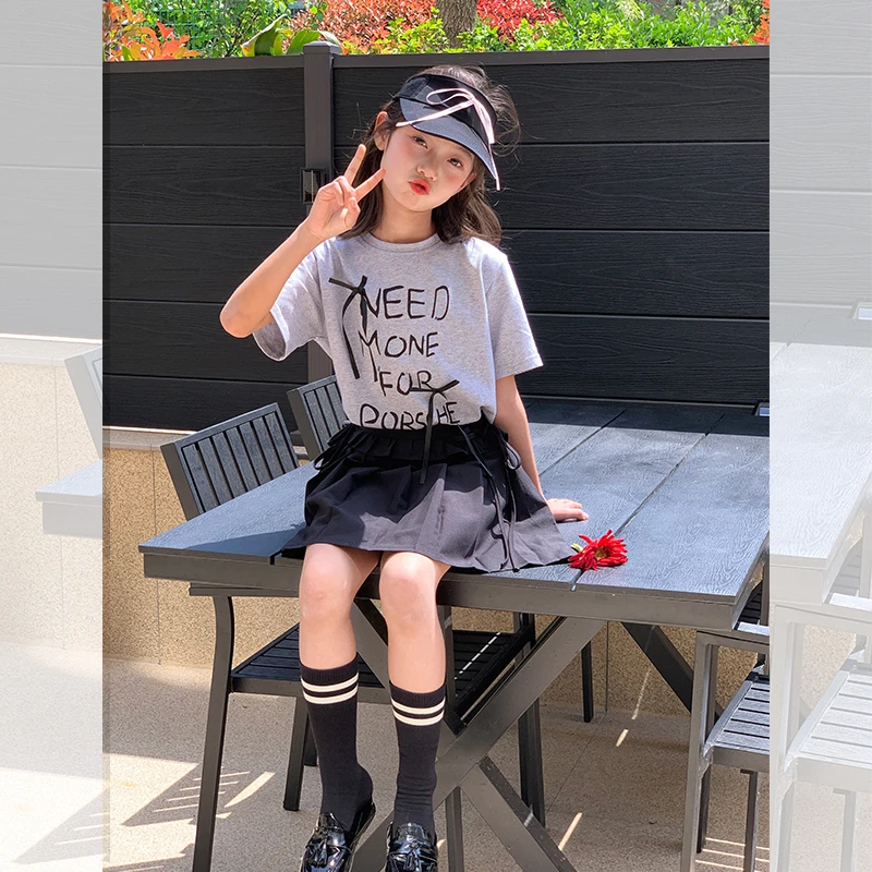 西西家女童2025夏款潮流字母蝴蝶结短袖T恤儿童休闲上衣JX9020ZM