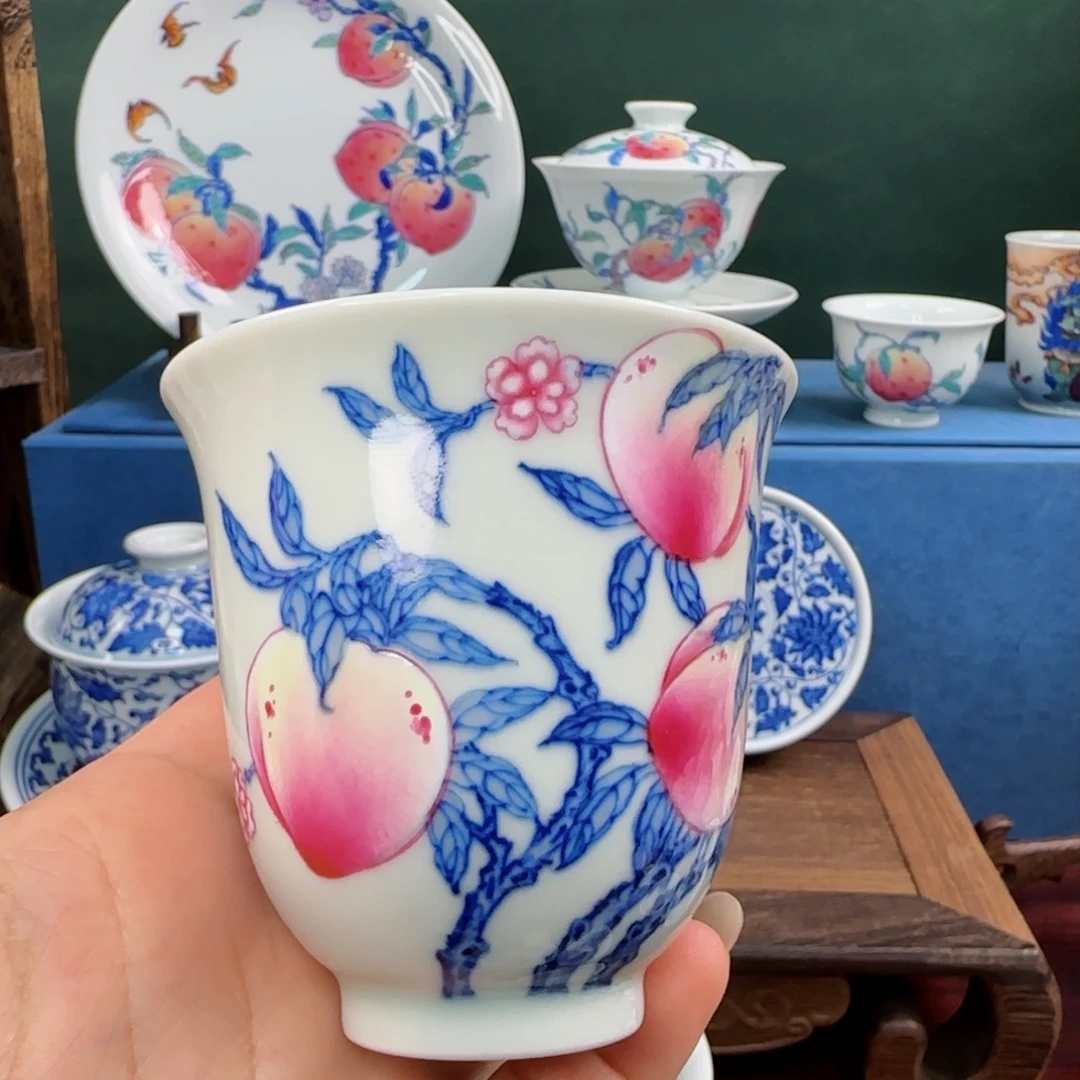 山**风景德镇青花斗彩五桃杯