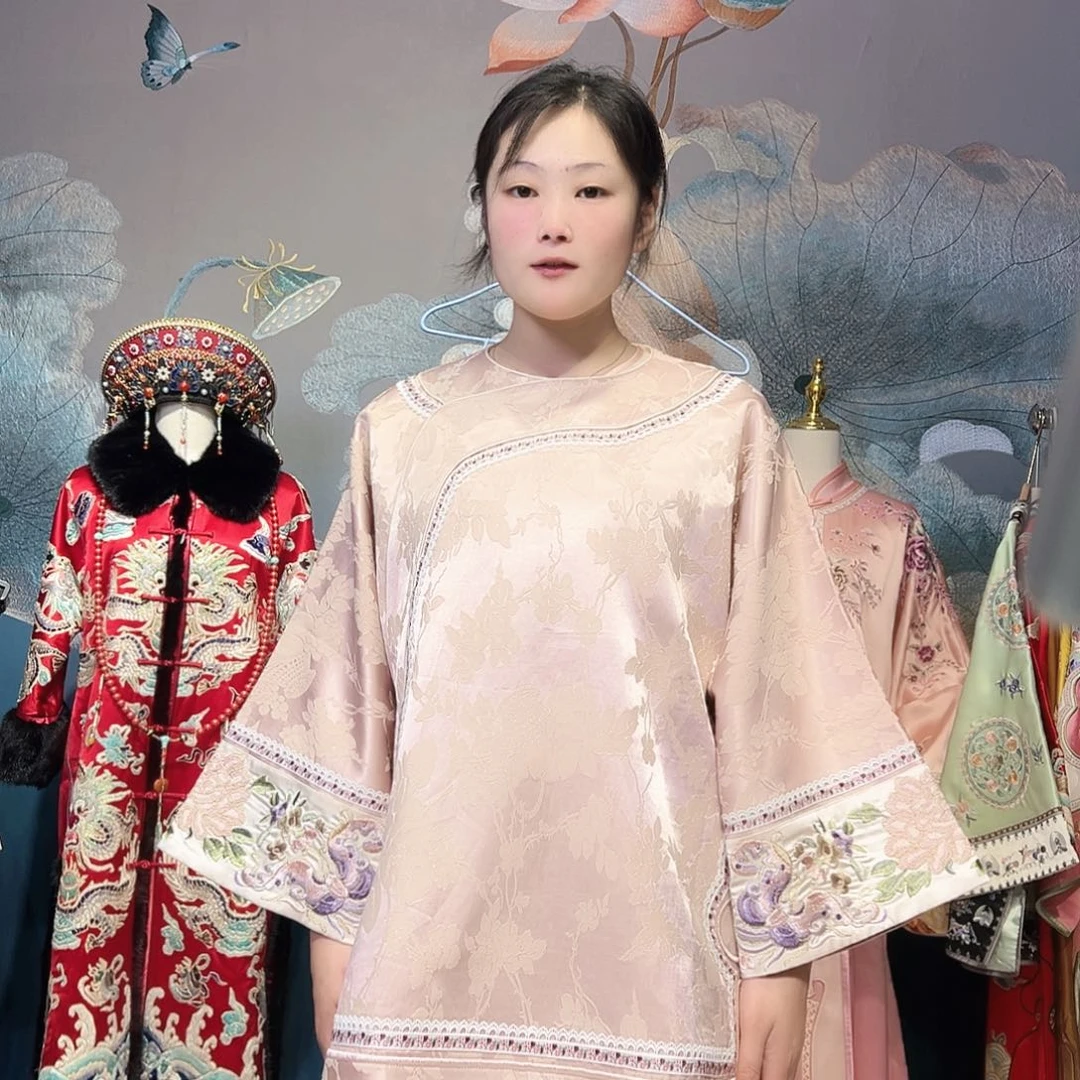 人丝立领斜襟太太服短款