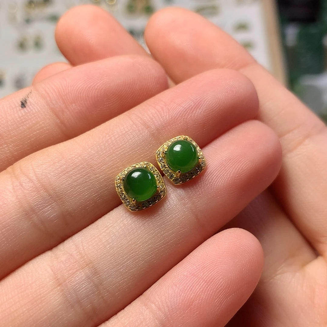 银S925镀金镶嵌和田玉（碧玉）耳饰做*己卡8.7