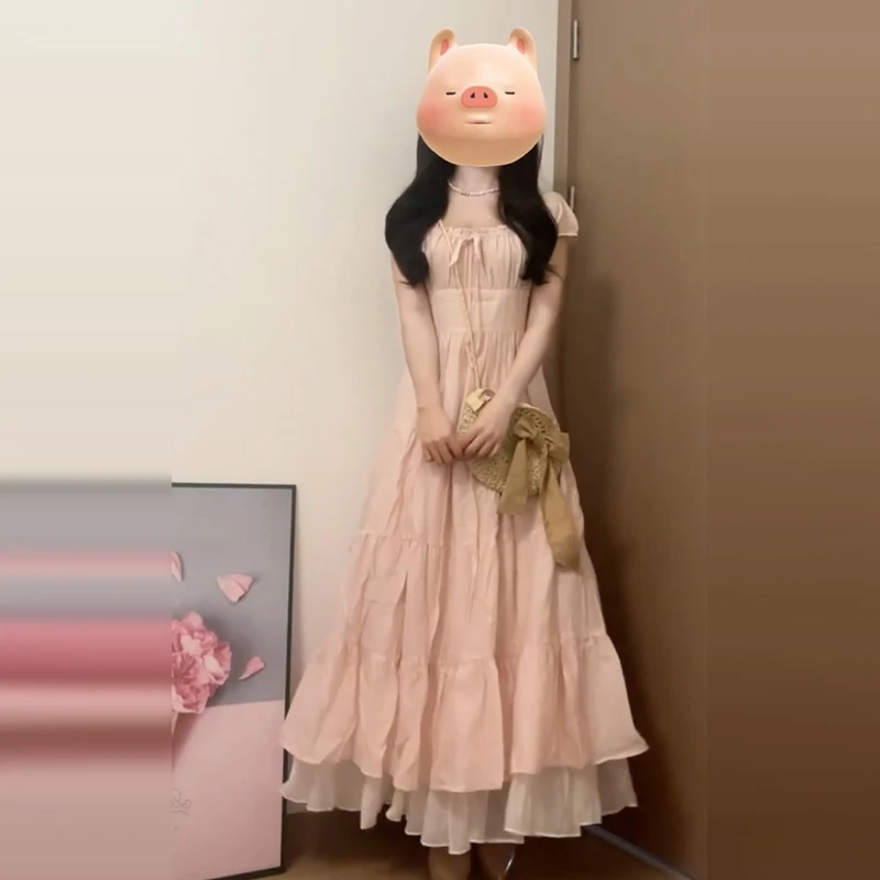 甜美夏天小裙子粉色甜美泡泡袖连衣裙爆款2025年新款气质长裙2132