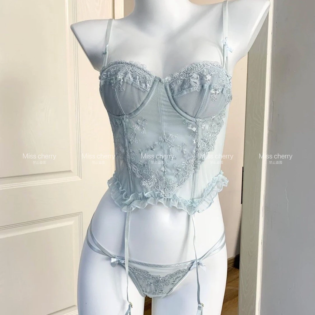 Pink Mark法式刺绣鱼骨文胸蕾丝纯欲性感夏季镂空