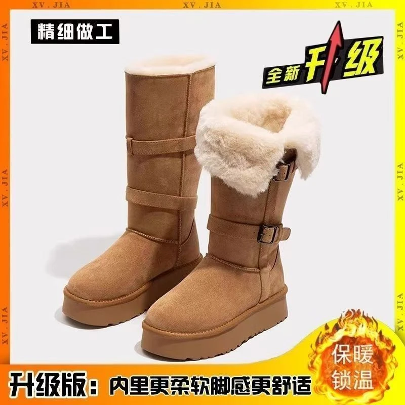 灰色厚底高筒长筒雪地靴两穿女款2025新款冬季增高中筒加绒保暖鞋