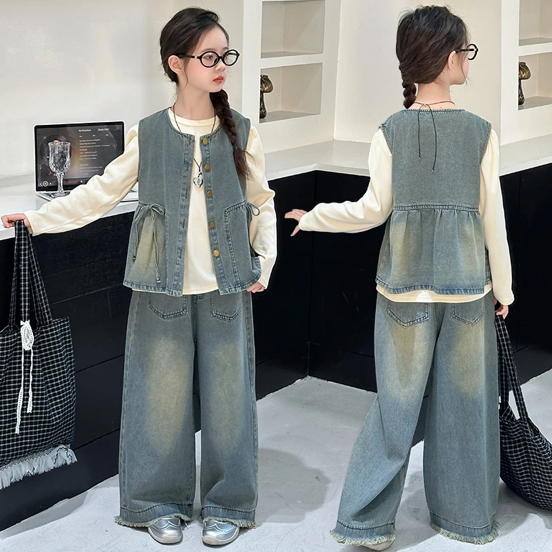 女童套装春秋款2025新款儿童时尚洋气春装中女大童T恤马甲三件套