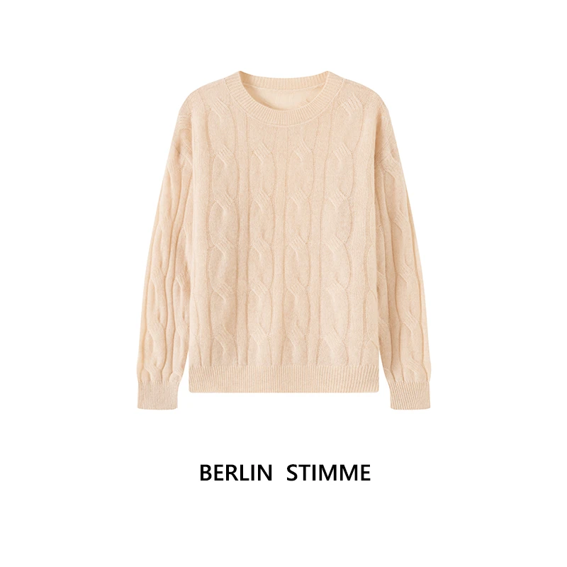 拉夫圆领复古绞花100%山羊绒老钱风长袖针织打底衫女春秋新款毛衣