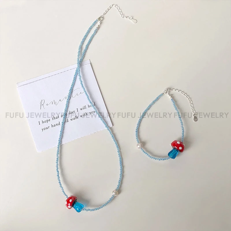 链子925银琉璃 高奢定制S925银【琉璃蘑菇】蓝色珠珠项链博主同款