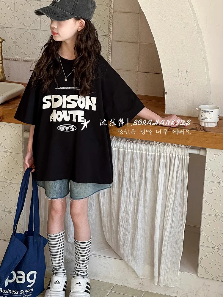 韩女童短袖夏装T恤2025新款休闲洋气儿童体恤中大童纯棉半袖上衣