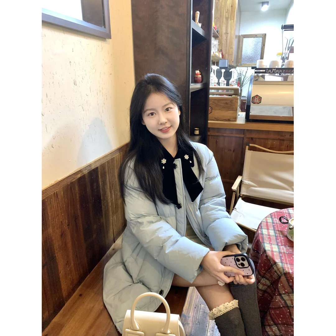 超好看2025秋冬季新款小众设计系带高级蓝女棉服保暖时尚优雅上衣