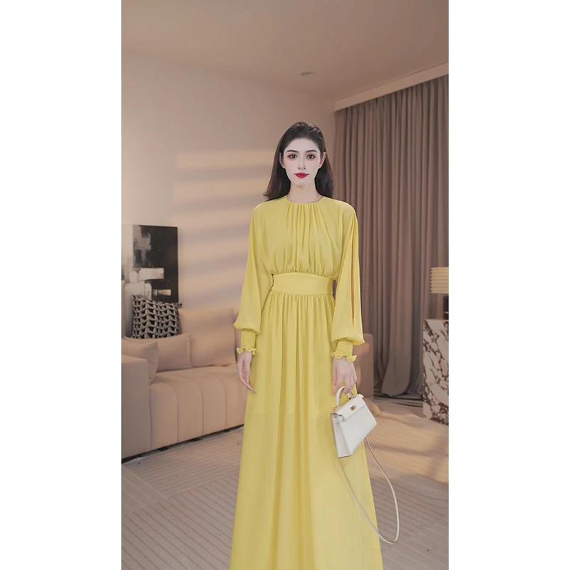 尤克菲儿 原创设计纯色雪纺裙轻奢气质修身V领优雅连衣裙