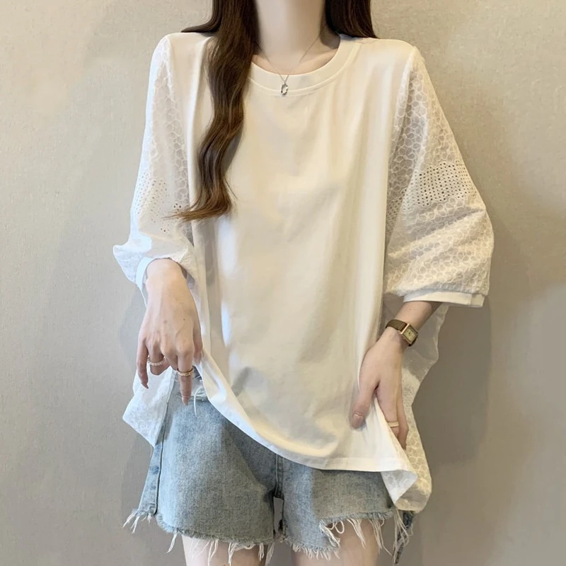 超好看蝙蝠袖正肩短袖T恤女夏季大码微胖mm宽松遮肚子七分袖上衣