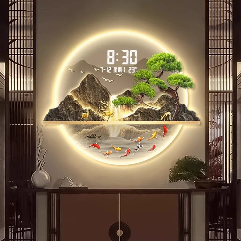 圆形数显钟入户玄关装饰画轻奢2025时钟走廊发光壁画客厅钟表挂画