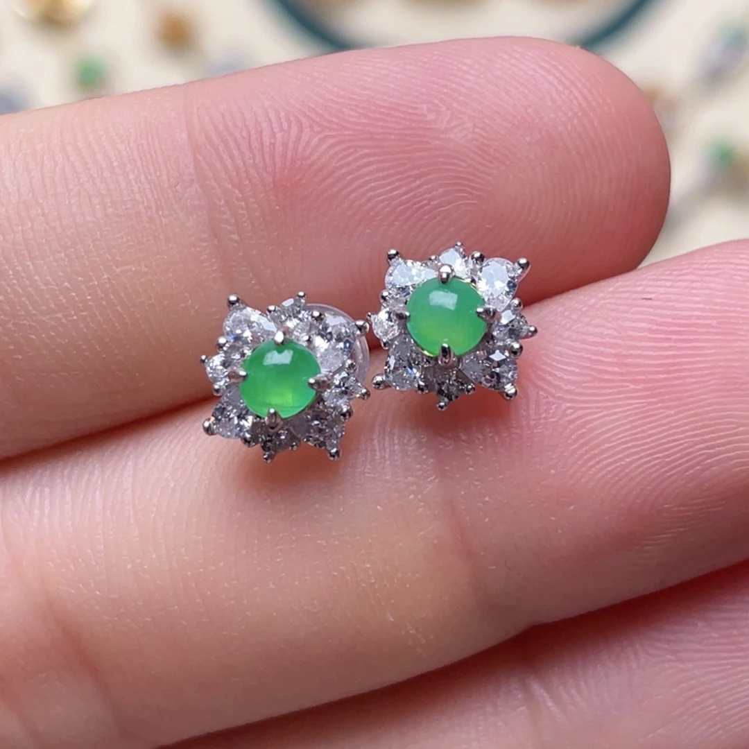 翡翠银S925镶嵌耳饰纯天然缅甸翡翠