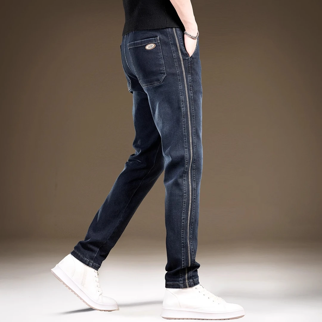 时尚高端松紧腰侧条纹男士牛仔裤夏季新款牌弹力修身直筒休闲裤子