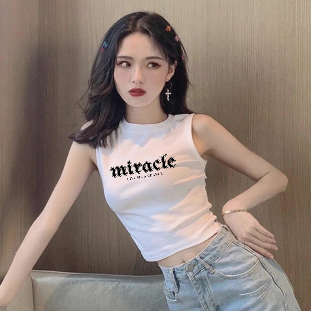 白色短款无袖背心女夏季新款修身显瘦打底内搭小个子外穿印花t恤