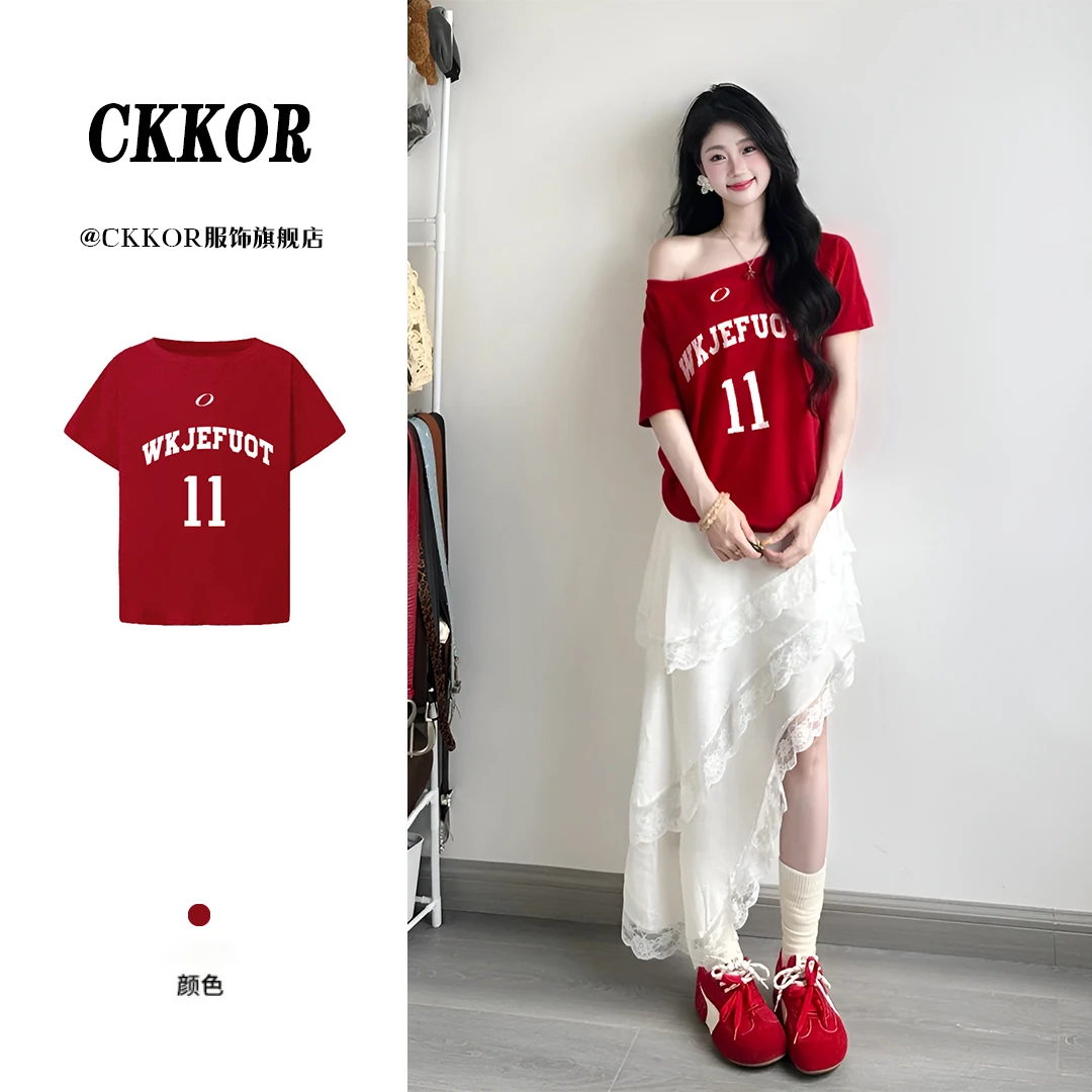 CKKOR夏季新款一字领短袖t恤女韩版时尚气质百搭短t斜肩辣妹穿搭
