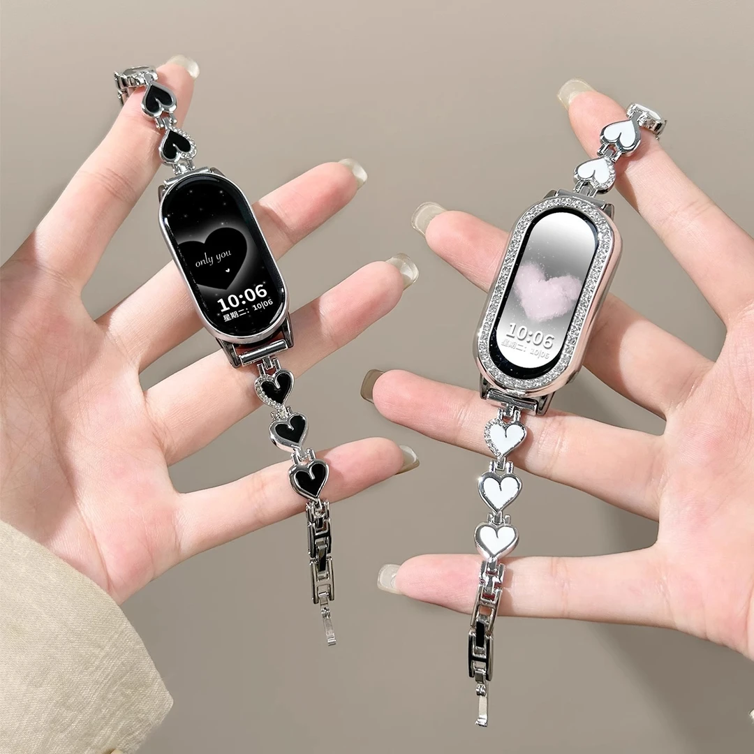 适用于小米手环10/9陶瓷版8NFC满钻爱心小米3/4/5/6/7链式表带女