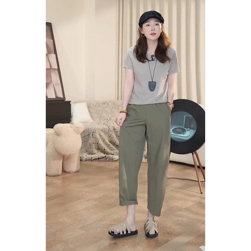 小个子高腰宽松显瘦哈伦裤子夏季薄款大码军绿色九分弯刀休闲裤女