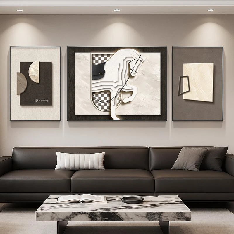 马到成功客厅装饰画现代简约沙发背景墙挂画高级感大气三联组合画