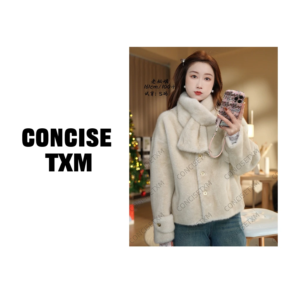 【唐小木】韩系仿貂毛皮草外套 冬季百搭带围脖保暖外套  M0696