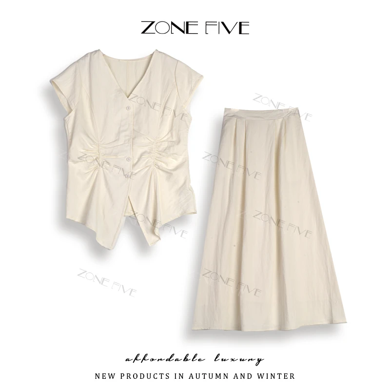 【zonefive】夏季新款赫本风简约时尚休闲V领上衣+半身裙两件套