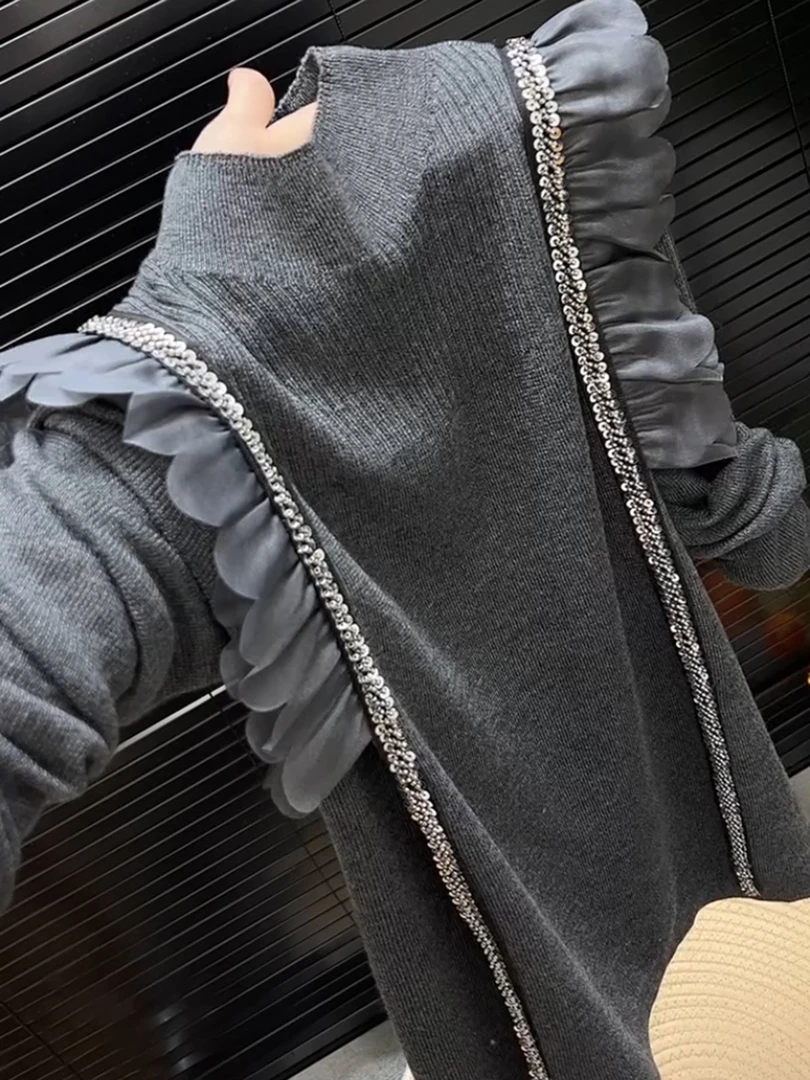 秋冬高级设计感荷叶边长袖针织衫女灰色洋气上衣轻奢风拼接打底衫