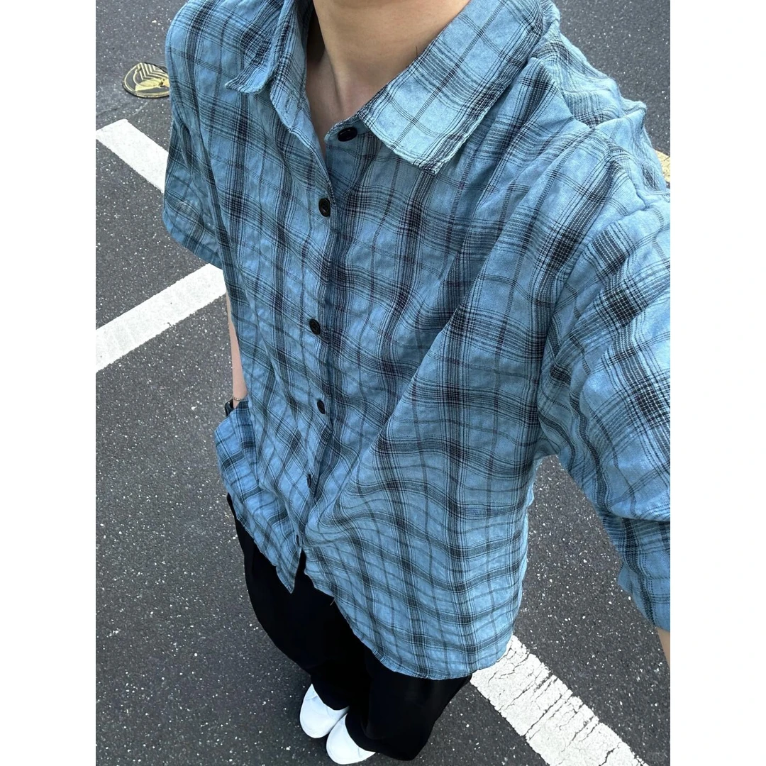 蓝色格子短袖衬衫男夏季轻薄日系复古褶皱纹理感休闲翻领半袖衬衣