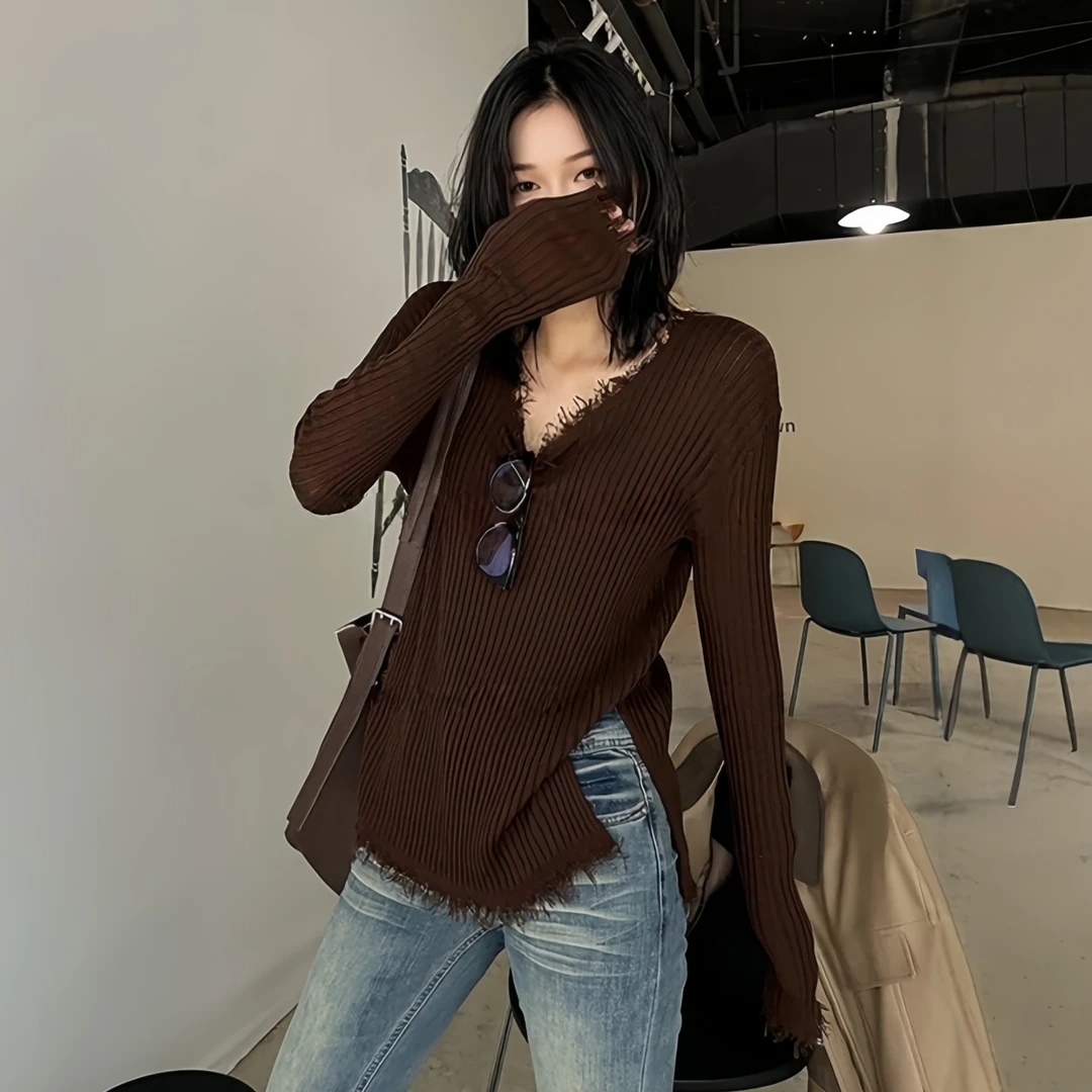 复古V领竖坑条毛边针织衫2025秋季大码胖MM长袖显瘦套头内搭上衣