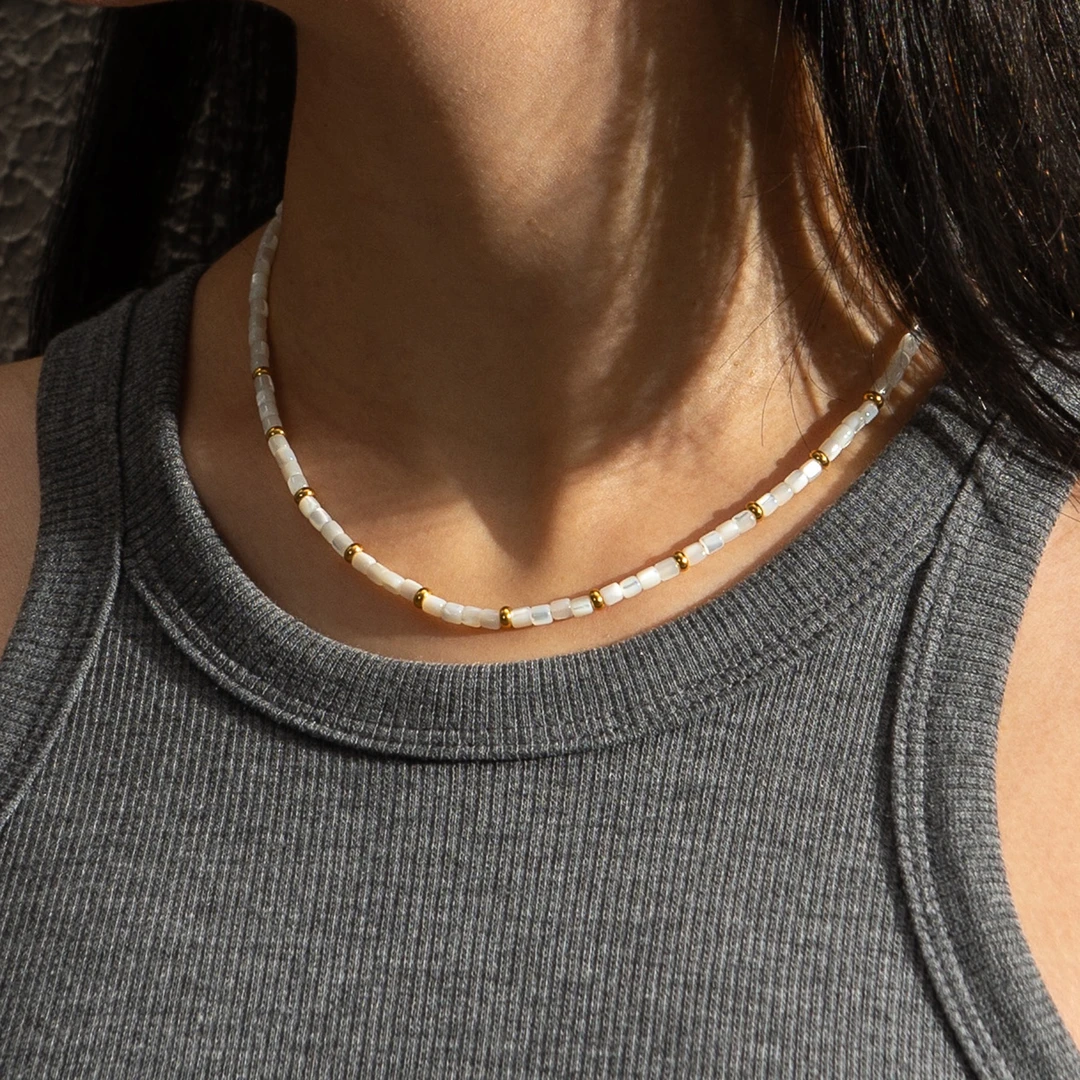 不锈钢锆石项链 波西米亚风米色串珠项链女小众设计手工毛衣链子