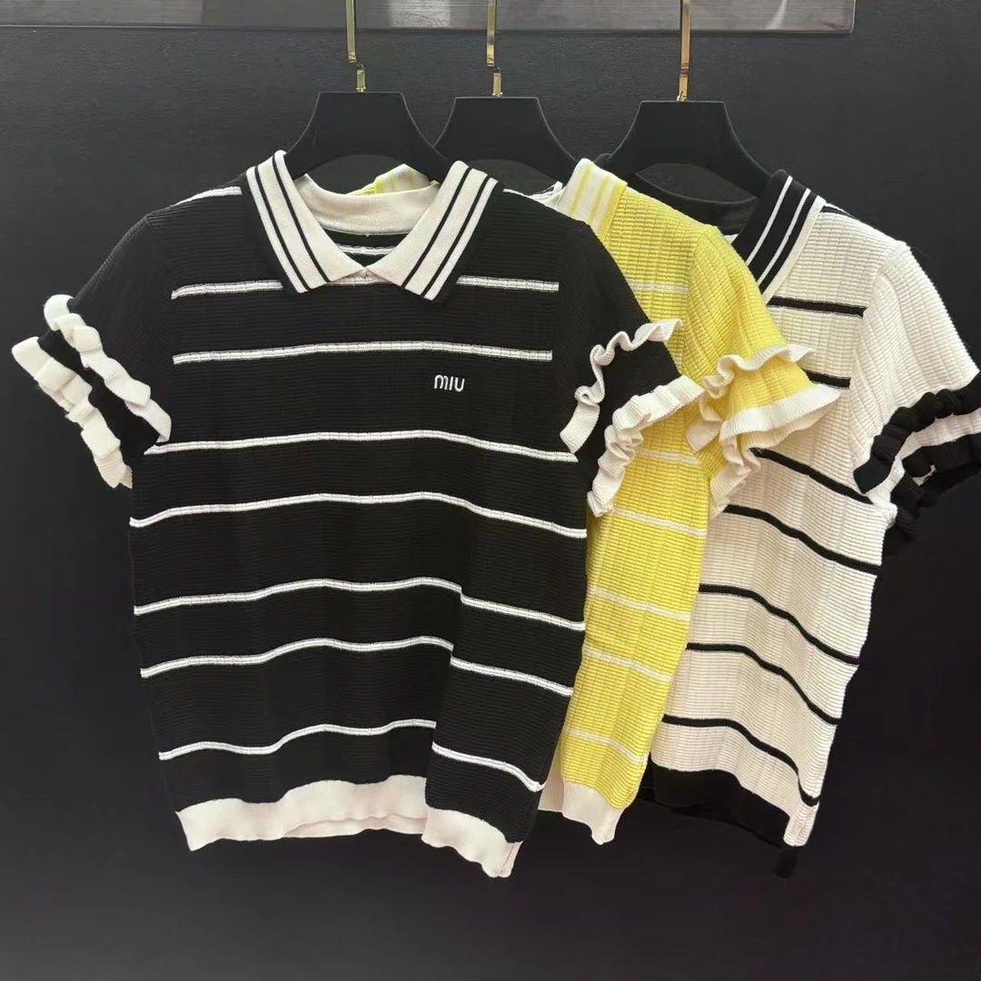 垂感撞色针织衫上衣夏季毛针织衫针织衫百搭条纹翻领6227