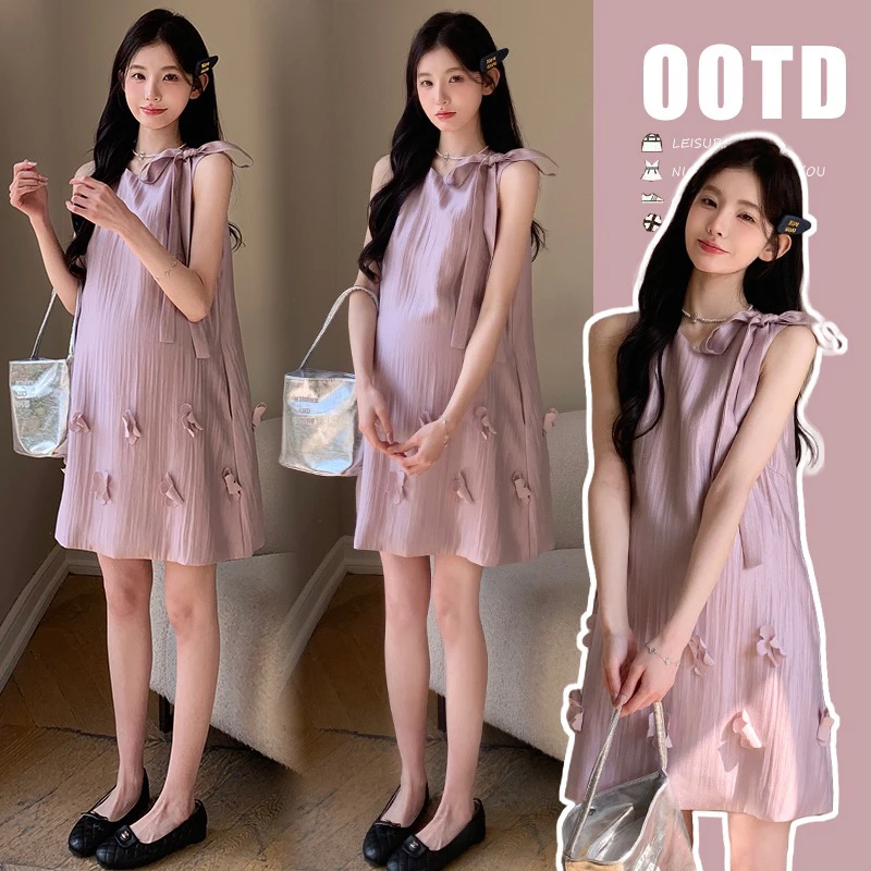 2025夏装新品韩版时尚宽松孕妈大码气质背心系带蝴蝶结法式连衣裙