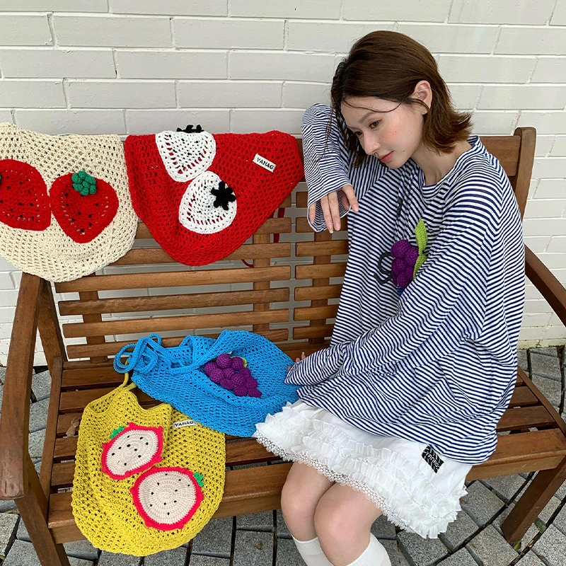 YANAG原创设计葡萄草莓火龙果钩针包女多色针织袋手工网格编织包